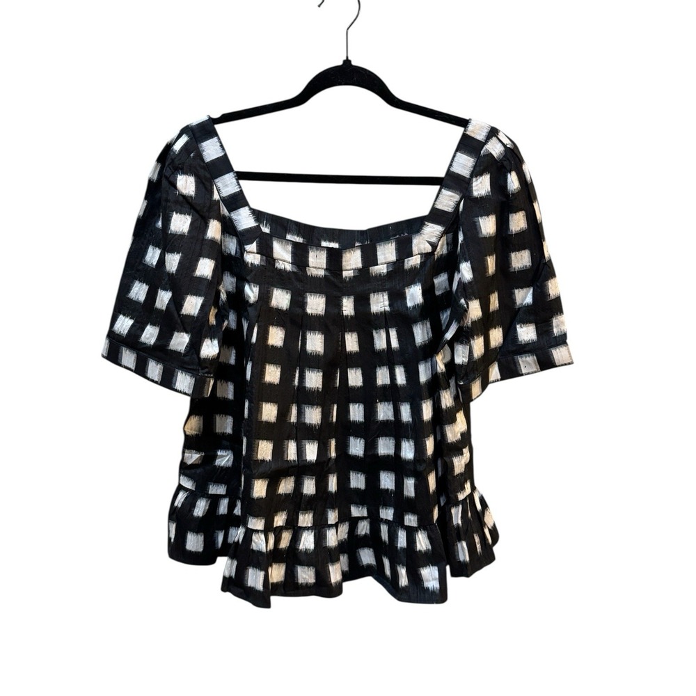 Diane Von Furstenberg Blouse Silk Puff Sleeve‎ Square Neck Shirt Size 12 Gingham